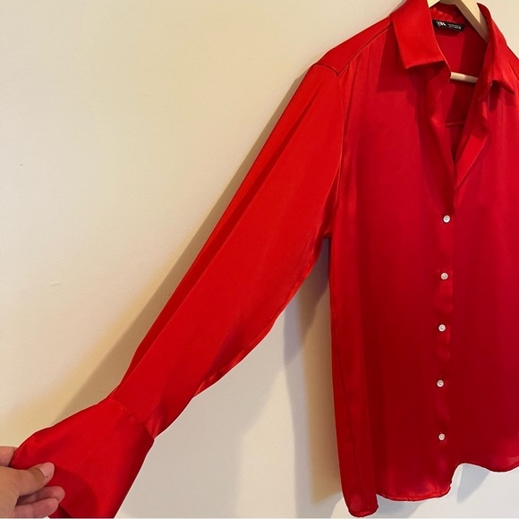 Satin Blouse Zara Relaxed Fit Polyester Primary Red Office Small Office Siren - Picture 4 of 11